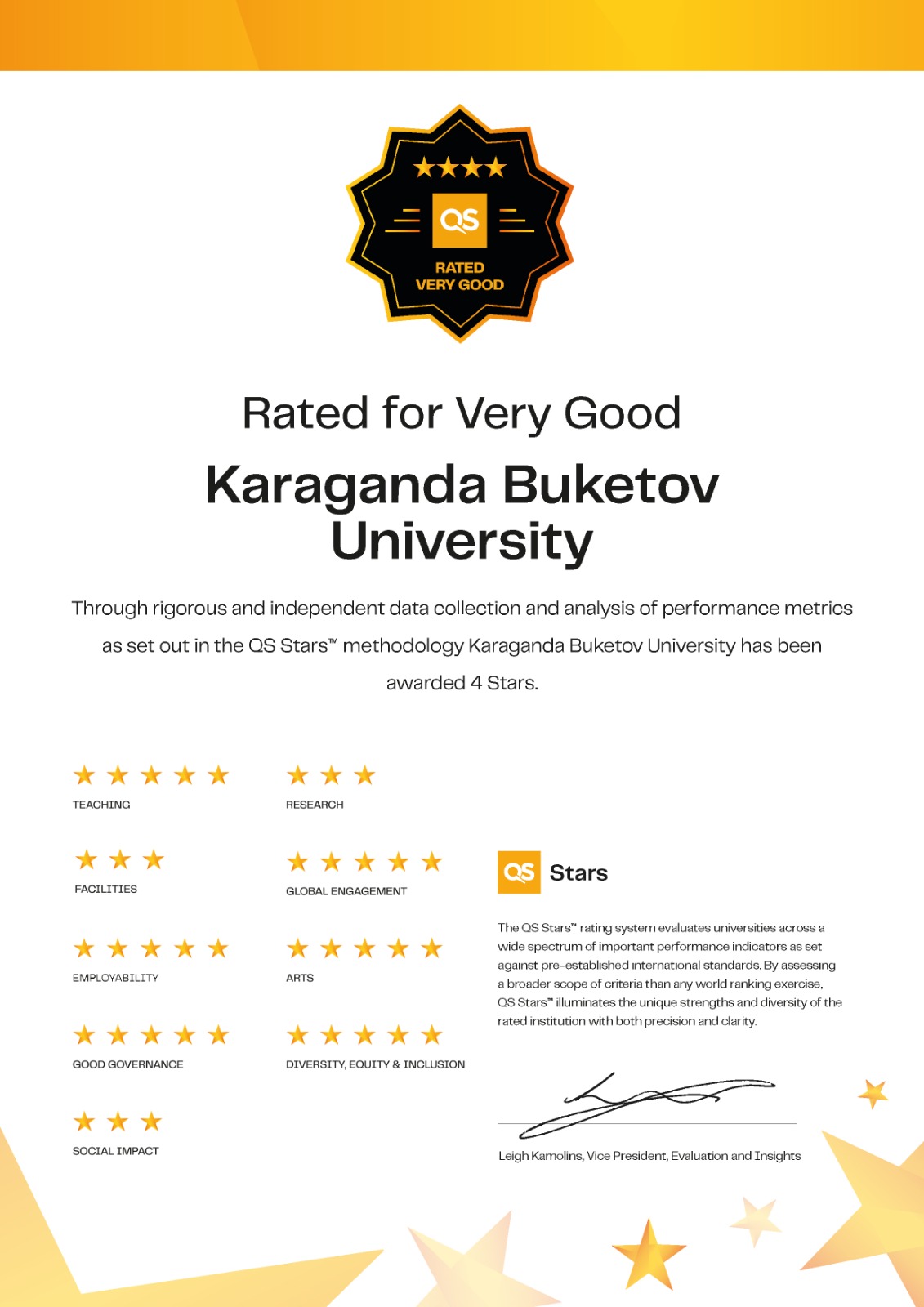 HIGH RATING IN THE QS STARS INTERNATIONAL AUDIT